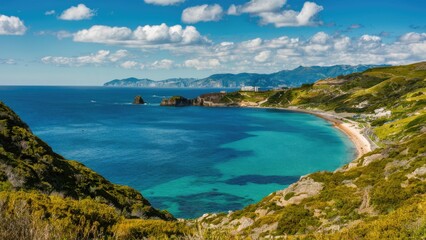 Fototapeta premium Vibrant coastal panorama showcasing turquoise waters and sandy beaches under a blue sky with fluffy clouds, surrounded by lush green hills.