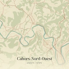Retro map of Cahors-Nord-Ouest, Occitanie, France. Vintage street map.