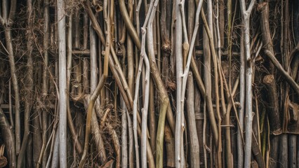 Textured wall background of intertwined dry branches in earthy browns and grays creating a rustic, natural pattern with varied thickness and depth.