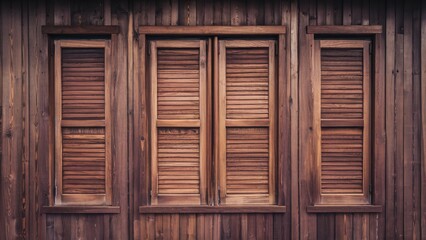 Warm-toned wooden windows with closed shutters arranged symmetrically, enhancing the rustic ambiance through rich textures and inviting hues.