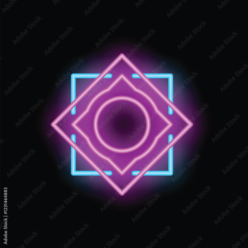Poster glowing neon light sign in the shape of a square with a circle in the center is depicted on a black 
