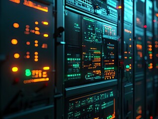 Server room with glowing lights and complex panel displays for data processing and storage