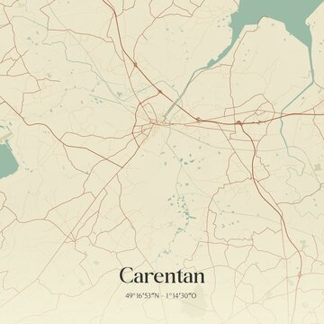 Retro map of Carentan, Normandie, France. Vintage street map.