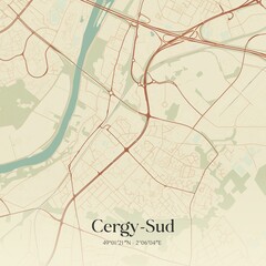 Retro map of Cergy-Sud, �le-de-France, France. Vintage street map.
