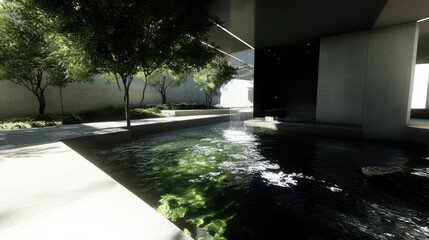 Modern Minimalist Architecture Featuring Water Feature and Greenery