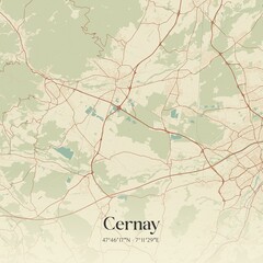 Retro map of Cernay, Grand Est, France. Vintage street map.