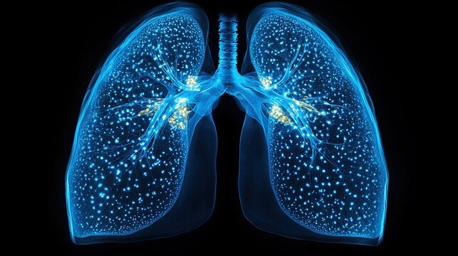 A close-up X-ray view of human lungs illuminated with glowing blue pattern
