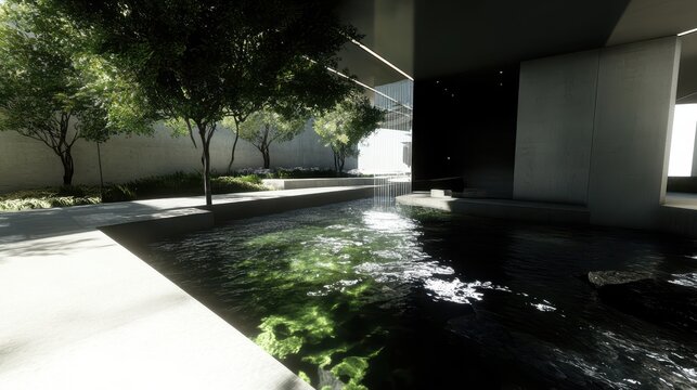 Modern Minimalist Architecture Featuring Water Feature and Greenery