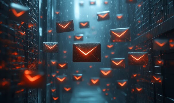 Unknown Emails Screenshots or visual representations of email inboxes flooded with unknown or suspicious emails. potential risks associated with clicking on links or opening, Generative AI