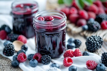 A mason jar of mixed berry juice with blueberries, raspberries, and blackberries, surrounded by fresh berries on a white tablecloth