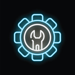Neon blue wrench icon glowing inside a gear shape representing maintenance and repair