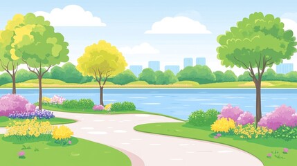 Obraz premium Serene Lakeside Park Path with Lush Greenery and City Skyline