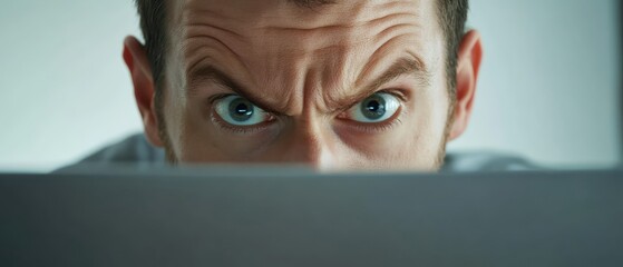 Frustrated office worker staring at unresponsive laptop screen with error message