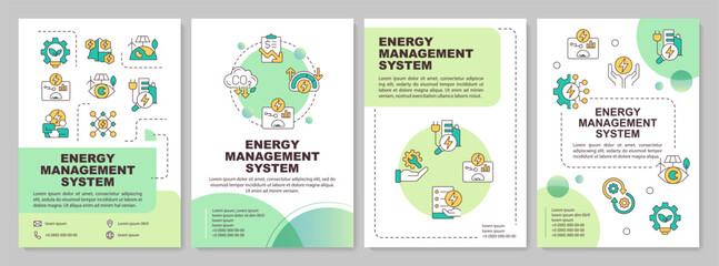 EMS control systems green circle brochure template. Power management, electrification. Leaflet design with linear icons. Editable 4 vector layouts. Arial-Bold, Myriad Pro-Regular fonts used