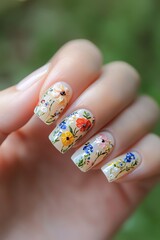 Close-up of a hand with intricate floral nail art, showcasing delicate flowers painted on fingernails against a blurred background.