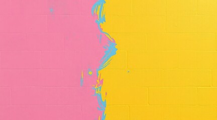 Naklejka premium Vibrant pink and yellow brick wall with blue artistic accents