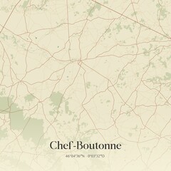 Retro map of Chef-Boutonne, Nouvelle-Aquitaine, France. Vintage street map.