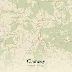 Retro map of Clamecy, Bourgogne-Franche-Comt�, France. Vintage street map.