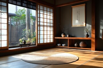 Peaceful Japanese room, sunlight, garden view, tatami mats, calm interior, zen design, for travel/home decor