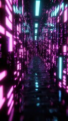 Obraz premium Futuristic neon corridor exploration virtual realm digital environment wide-angle perspective