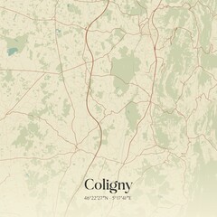Retro map of Coligny, Auvergne-Rh�ne-Alpes, France. Vintage street map.