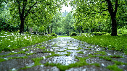 Rainy park path, green trees, spring flowers, peaceful scene, nature wallpaper