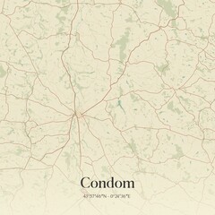 Retro map of Condom, Occitanie, France. Vintage street map.
