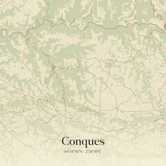 Retro map of Conques, Occitanie, France. Vintage street map.