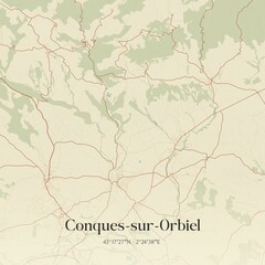 Retro map of Conques-sur-Orbiel, Occitanie, France. Vintage street map.