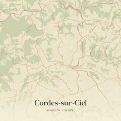 Fototapeta premium Retro map of Cordes-sur-Ciel, Occitanie, France. Vintage street map.
