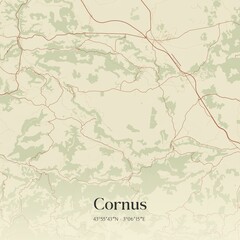 Retro map of Cornus, Occitanie, France. Vintage street map.