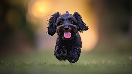 A joyful black dog playfully runs on grass, tongue out, with a warm sunset backdrop enhancing its energetic movement.
