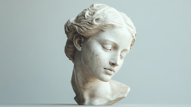 A classical marble sculpture head displayed against a minimalistic, neutral-toned background, highlighting its timeless beauty