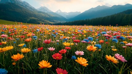 Obraz premium Vibrant Wildflower Meadow in the Majestic Alps: A Stunning Floral Landscape Panorama