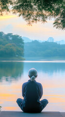 Fitness and Outdoor Activities An elderly Asian woman dance tai chi on the grass, with soft light filtering through the trees. simple environment and gentle pastel colors