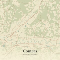 Retro map of Coutras, Nouvelle-Aquitaine, France. Vintage street map.