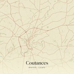 Retro map of Coutances, Normandie, France. Vintage street map.