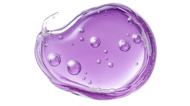 Purple cosmetic gel with bubbles on transparent background