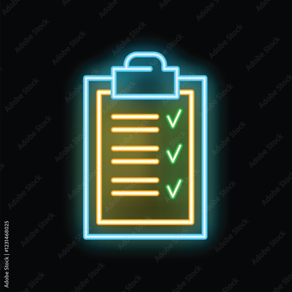 Poster glowing neon sign representing a clipboard with a checklist, symbolizing task management and product