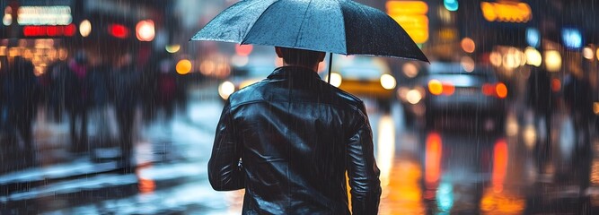 Obraz premium A man with a leather jacket walking along a rainy street, holding an umbrella