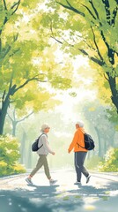 Obraz premium Fitness and outdoor activities of Asian elderly people hiking on mountain trails With natural light creating a soft glow all around. Pastel tones complement the tranquil outdoor atmosphere.
