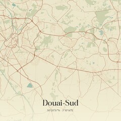 Retro map of Douai-Sud, Hauts-de-France, France. Vintage street map.