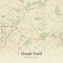 Retro map of Douai-Nord, Hauts-de-France, France. Vintage street map.