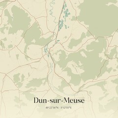 Retro map of Dun-sur-Meuse, Grand Est, France. Vintage street map.
