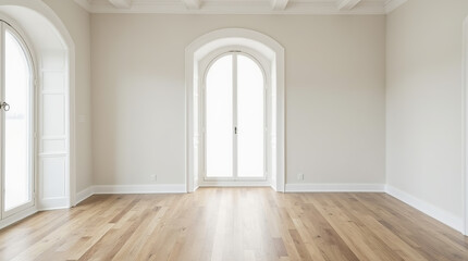 Fototapeta premium Minimalist room with arched windows and wooden floor.