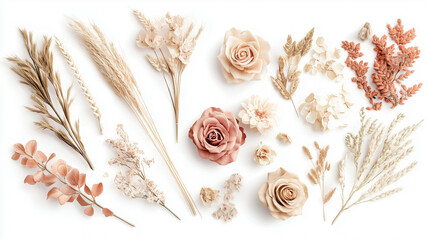 flower clipart set with dried flowers like pampas grass, wheat stalks, and muted roses, with white background,