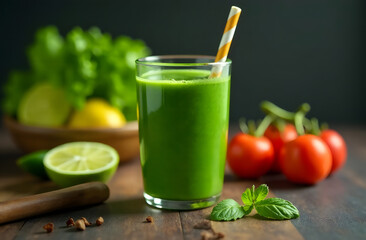 Fototapeta premium There is a place for text on the right side. Green smoothie made from vegetables and fruits. Healthy lifestyle, weight loss.