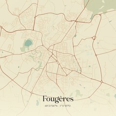 Fototapeta premium Retro map of Foug�res, Bretagne, France. Vintage street map.