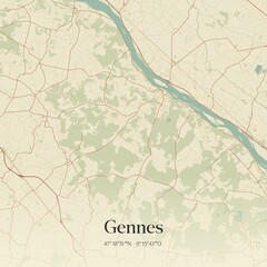 Retro map of Gennes, Pays de la Loire, France. Vintage street map.