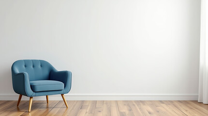 Living room with blue armchair on white wall.